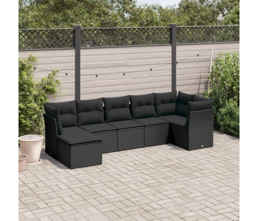 Set de comedor de jardín 7 pzas y cojines ratán sintético negro