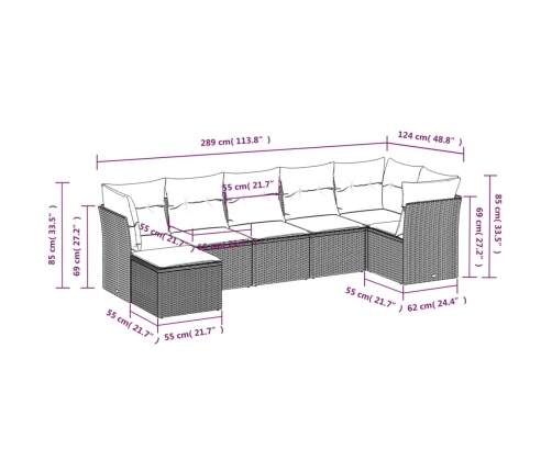 Set de comedor de jardín 7 pzas y cojines ratán sintético negro