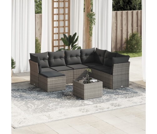 Set de sofás de jardín 8 pzas y cojines ratán sintético gris
