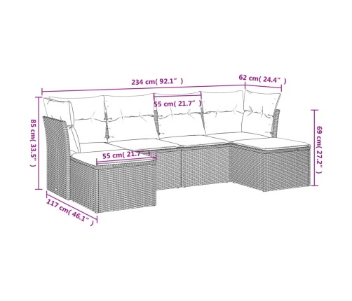 Set de sofás de jardín 6 pzas y cojines ratán sintético gris