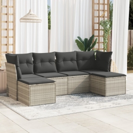 Set de sofás de jardín 6 pzas y cojines ratán sintético gris