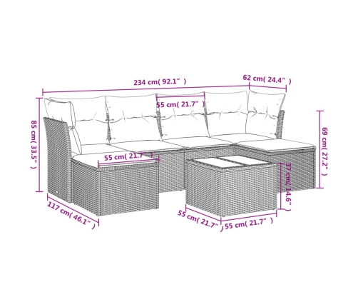 Set de comedor de jardín 7 pzas y cojines ratán sintético negro