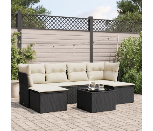 Set de comedor de jardín 7 pzas y cojines ratán sintético negro