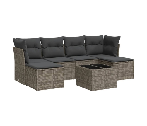 Set de sofás de jardín 7 piezas con cojines ratán PE gris