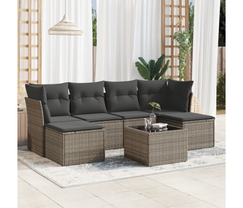 Set de sofás de jardín 7 piezas con cojines ratán PE gris