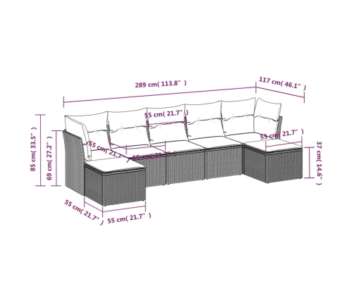 Set de comedor de jardín 7 pzas y cojines ratán sintético negro
