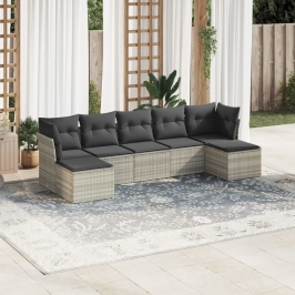 Set de sofás de jardín 7 pzas con cojines ratán PE gris claro