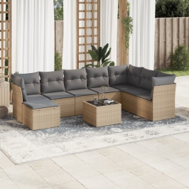 Set de sofás de jardín 9 pzas con cojines ratán sintético beige