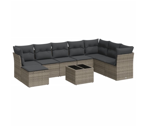 Set de muebles de jardín 9 pzas y cojines ratán sintético gris
