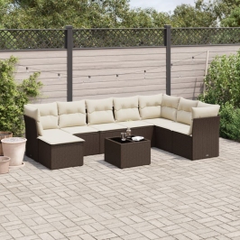 Set de sofás de jardín 9 pzas y cojines ratán sintético marrón