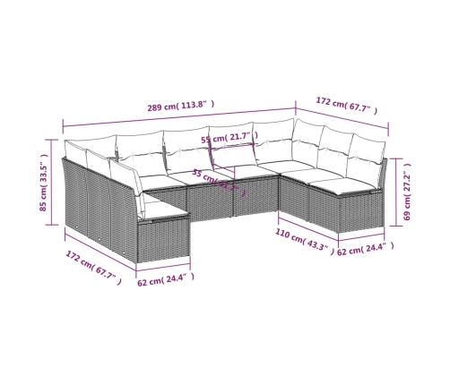 Set de muebles de jardín 9 pzas y cojines ratán sintético gris