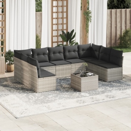 Set sofás jardín 10 pzas con cojines ratán sintético gris claro