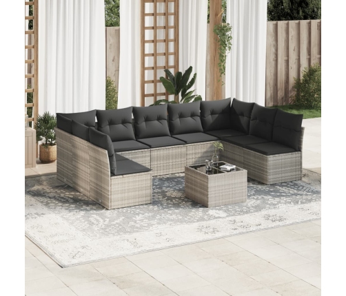 Set sofás jardín 10 pzas con cojines ratán sintético gris claro