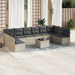 Set de sofás de jardín 11 pzas y cojines ratán sintético gris