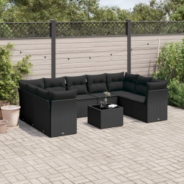 Set de sofás de jardín 10 pzas cojines ratán sintético negro