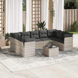 Set sofás jardín 10 pzas con cojines ratán sintético gris claro