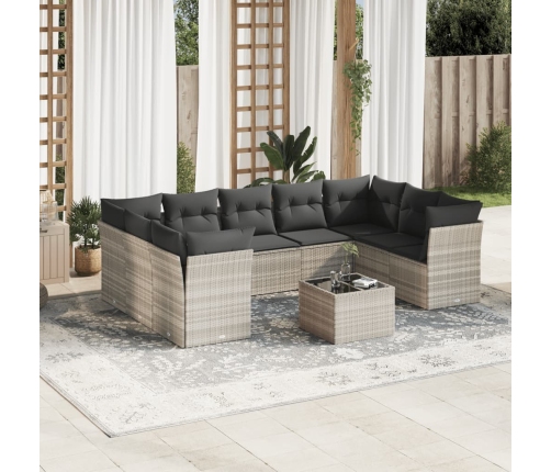 Set sofás jardín 10 pzas con cojines ratán sintético gris claro