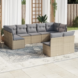 Set de sofás de jardín 9 pzas con cojines ratán sintético beige