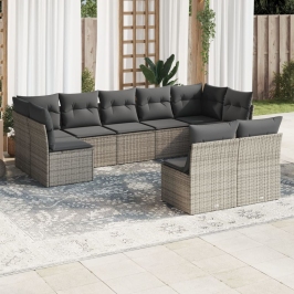 Set de muebles de jardín 9 pzas y cojines ratán sintético gris