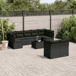 Set de sofás de jardín 10 pzas cojines ratán sintético negro