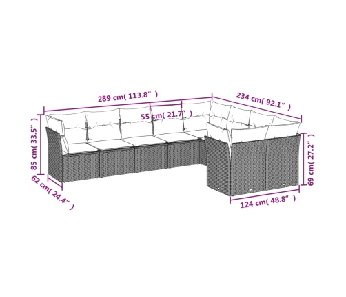 Set de sofás de jardín 9 pzas con cojines ratán sintético gris