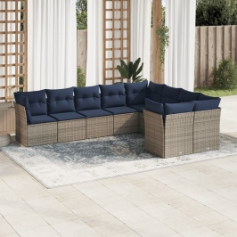 Set de sofás de jardín 9 pzas con cojines ratán sintético gris