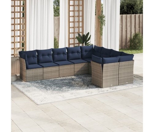 Set de sofás de jardín 9 pzas con cojines ratán sintético gris