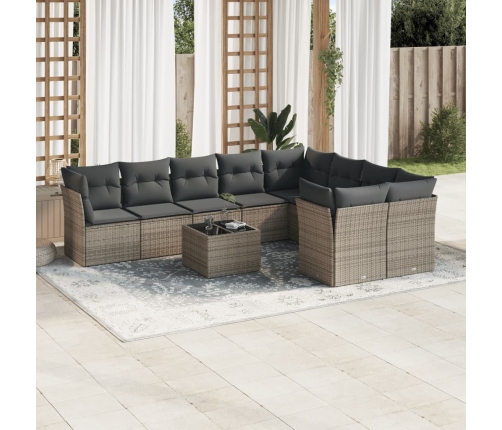 Set de sofás de jardín 10 pzas con cojines ratán sintético gris