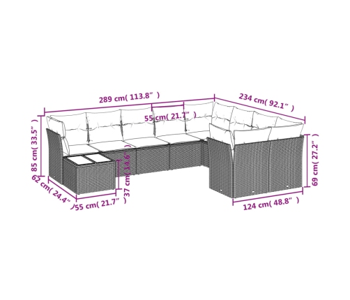 Set de sofás de jardín 10 pzas cojines ratán sintético negro