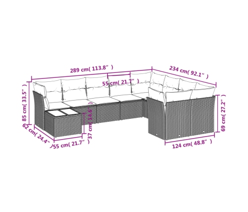 Set de sofás de jardín 10 pzas cojines ratán sintético negro