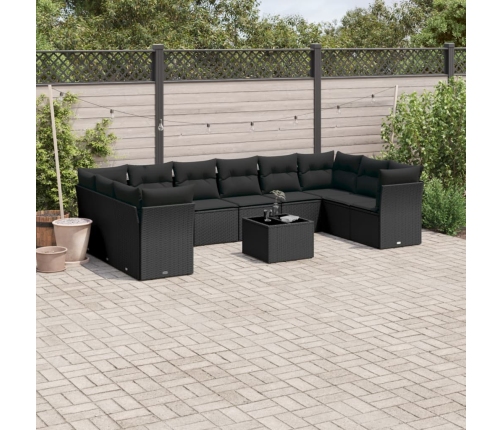 Set de sofás de jardín 11 pzas y cojines ratán sintético negro