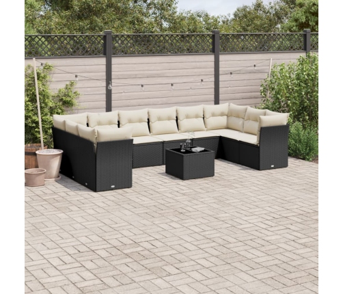 Set de sofás de jardín 11 pzas y cojines ratán sintético negro