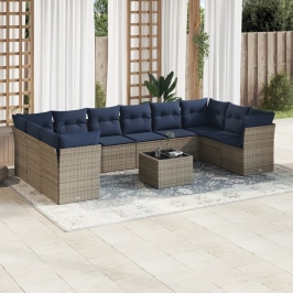 Set de sofás de jardín 11 pzas y cojines ratán sintético gris