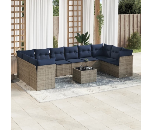 Set de sofás de jardín 11 pzas y cojines ratán sintético gris