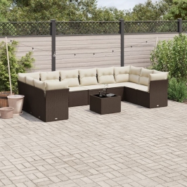 Set de sofás de jardín 11 pzas cojines ratán sintético marrón