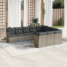 Set de sofás de jardín 10 pzas con cojines ratán sintético gris