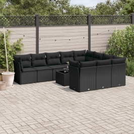 Set de sofás de jardín 11 pzas y cojines ratán sintético negro