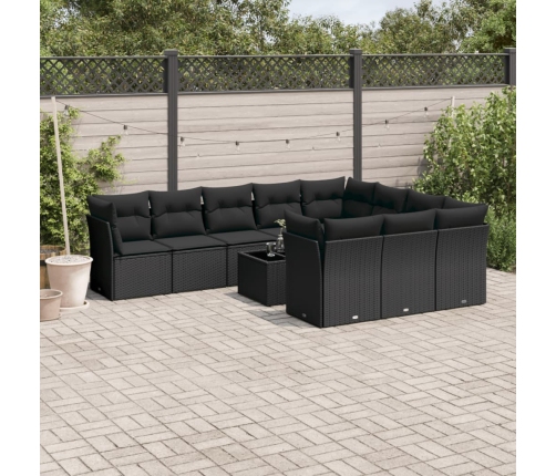 Set de sofás de jardín 11 pzas y cojines ratán sintético negro