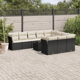 Set de sofás de jardín 11 pzas y cojines ratán sintético negro