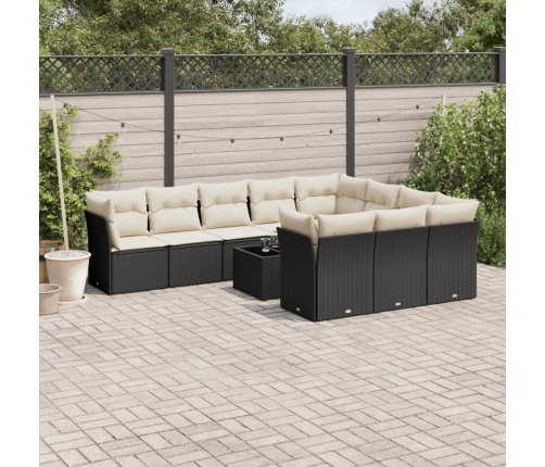 Set de sofás de jardín 11 pzas y cojines ratán sintético negro