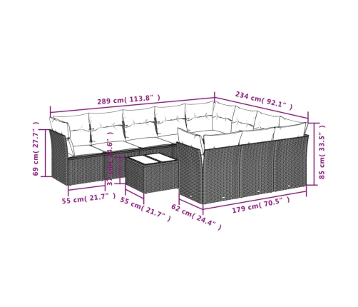 Set de sofás de jardín 11pzas con cojines ratán sintético beige