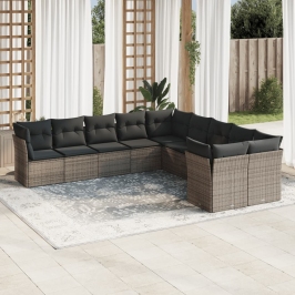 Set de sofás de jardín 10 pzas con cojines ratán sintético gris