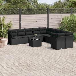 Set de sofás de jardín 11 pzas y cojines ratán sintético negro