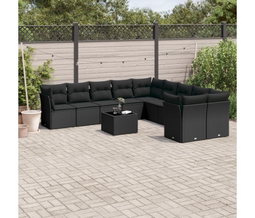 Set de sofás de jardín 11 pzas y cojines ratán sintético negro