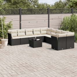 Set de sofás de jardín 11 pzas y cojines ratán sintético negro