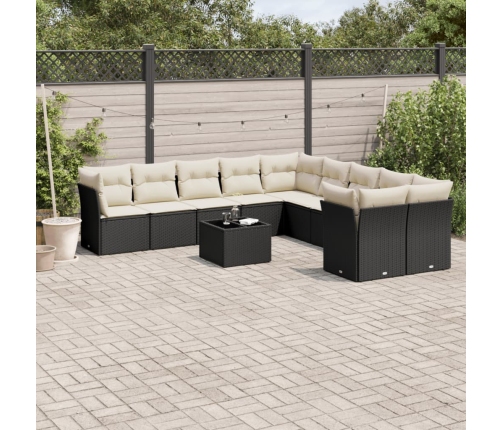 Set de sofás de jardín 11 pzas y cojines ratán sintético negro