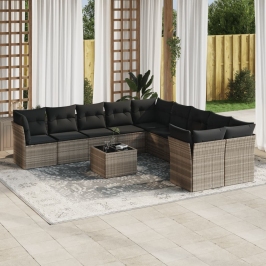 Set de sofás de jardín 11 pzas y cojines ratán sintético gris