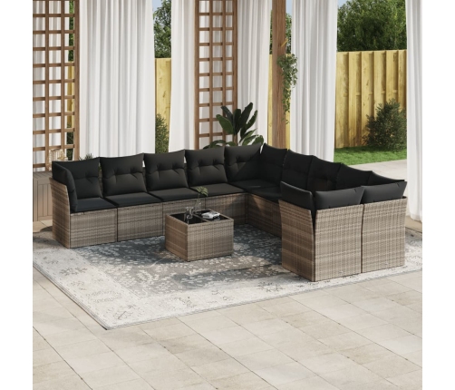 Set de sofás de jardín 11 pzas y cojines ratán sintético gris