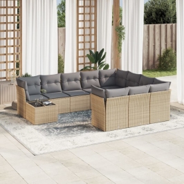 Set de sofás de jardín 11pzas con cojines ratán sintético beige