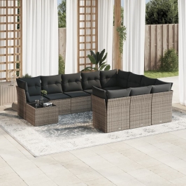 Set de sofás de jardín 11 pzas y cojines ratán sintético gris